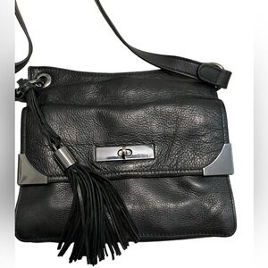 Rachel Roy Leather Shoulder Bag Black Tassel Adjustable Strap Small Purse